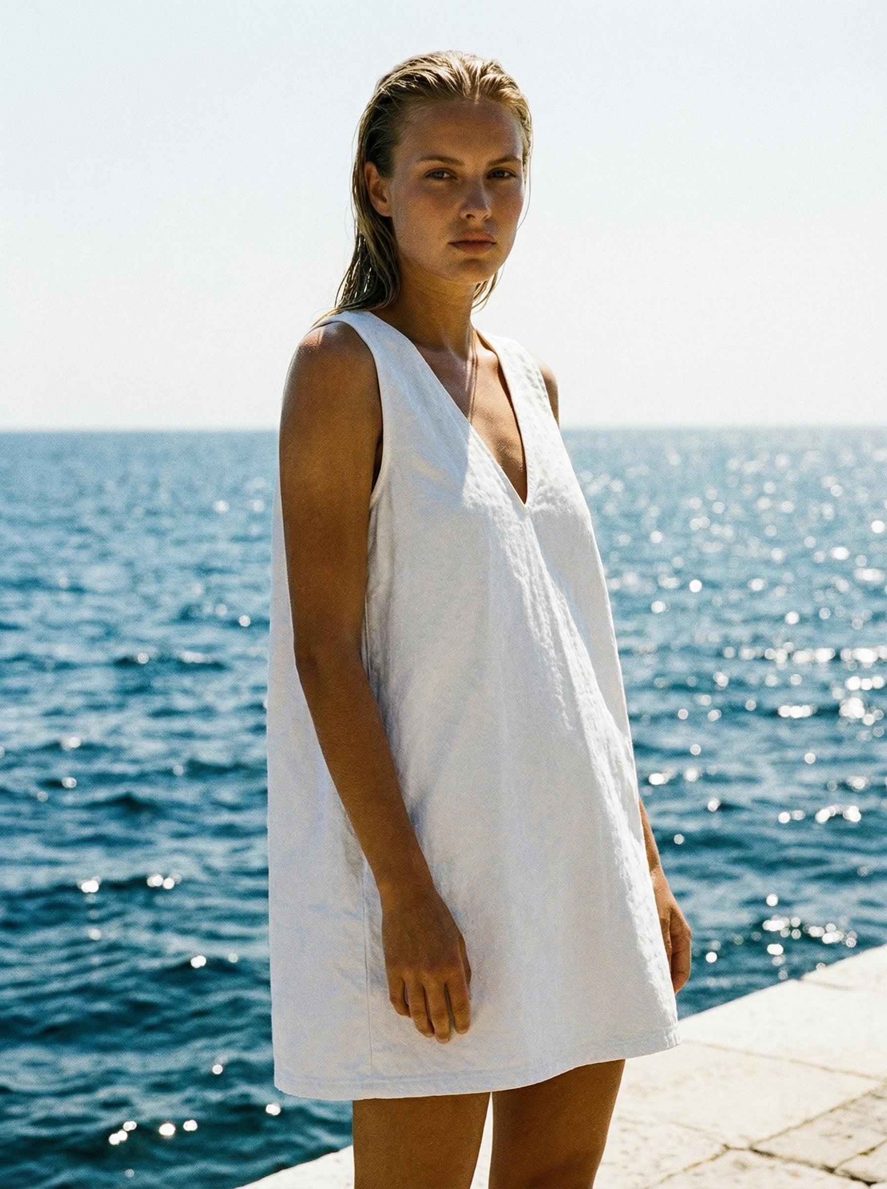 Ion White Denim Mini Dress in 100% Cotton | V-Neck