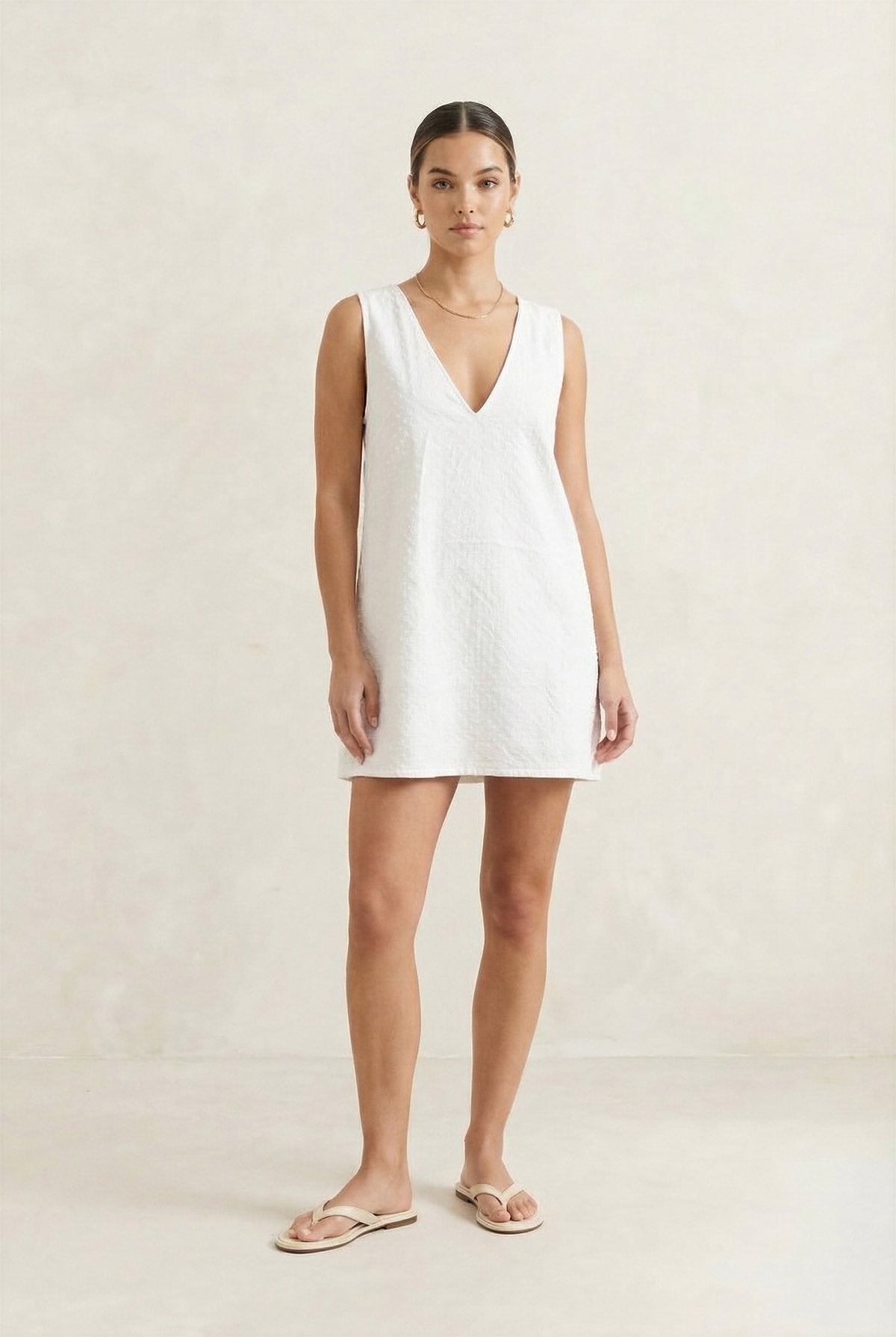 White Denim Mini Dress in 100% Cotton | V-Neck | SIRUNE