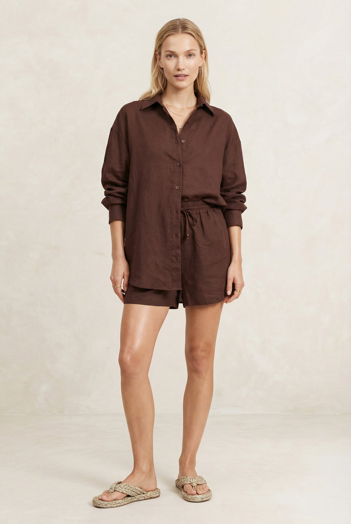 Liora Chocolate Linen Shirt and Shorts Set in chocolate brown