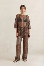 Siren Mesh Sequin Top in Brown