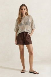 Siren Mesh Sequin Top in Beige