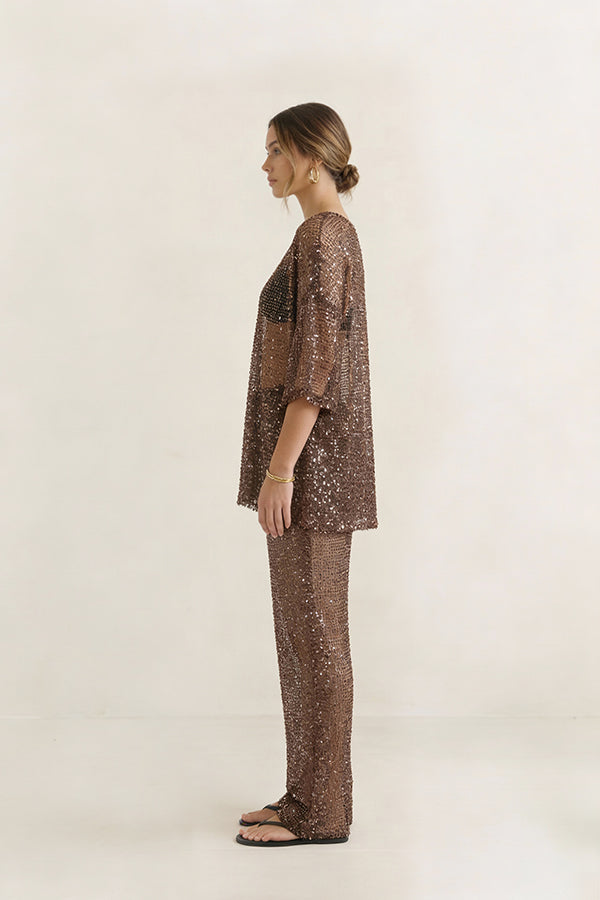 Siren Mesh Sequin Top in Brown