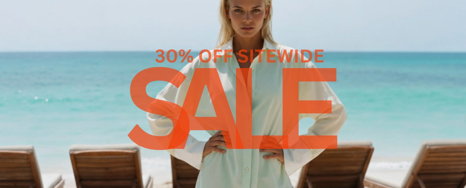 Woman in a white outfit on a beach with promotional text overlay for a sale.